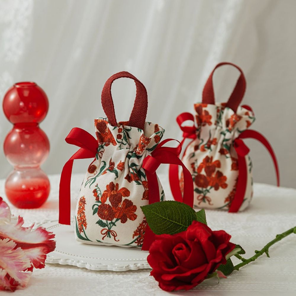 Portable Ribbon Bow Canvas Flower Drawstring Bag Handle Floral Festive Sugar Bag Candy Storage Wedding Small Flower Wrist Bag Wedding