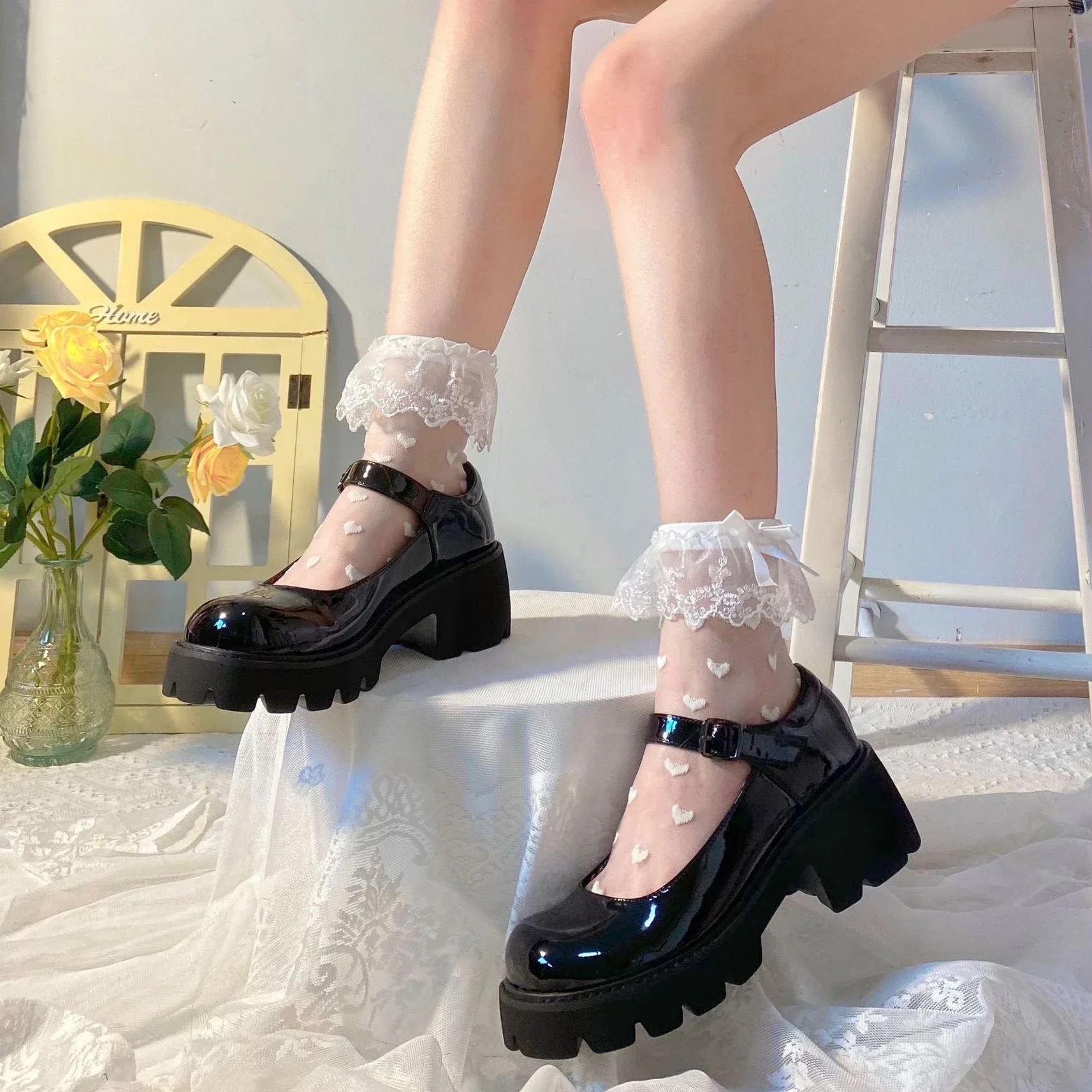 Vylon Lace Socks Lolita Transparent Mesh Crew Socks Sweet Ruffled Bowknot Cute Love Heart Pattern Summer Thin Ankle Socks Underwear