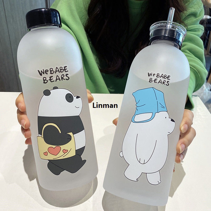 Linman Cute Panda Bear Cup 1000ml Water Bottles With Straw Transparent Luxury Cartoon Water Bottle Drinkware Frosted Leak-proof Protein Shaker