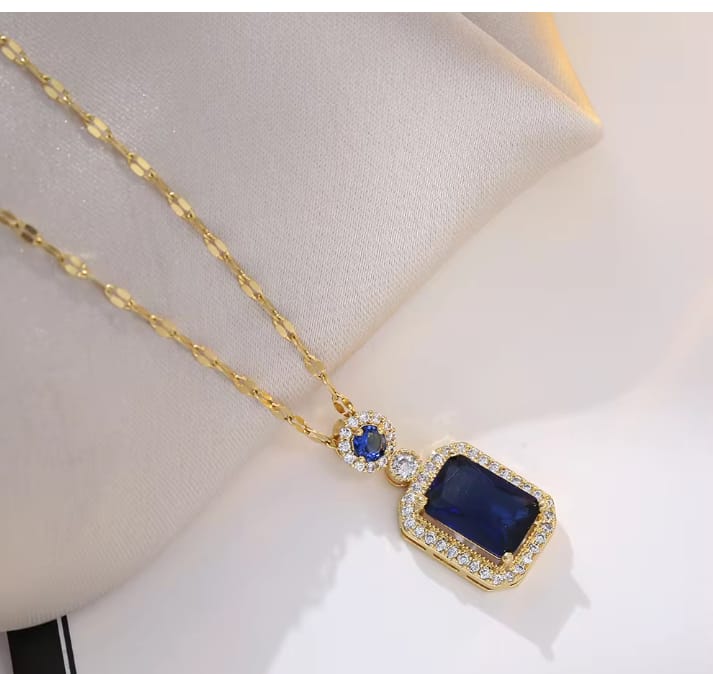 Square Solid Blue Color Pendant Stainless Steel Necklace For Women