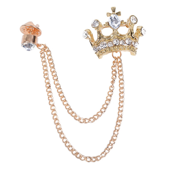 Crown Drilled Double Chain Brooch Suit Collar Button Fashion Jewelry