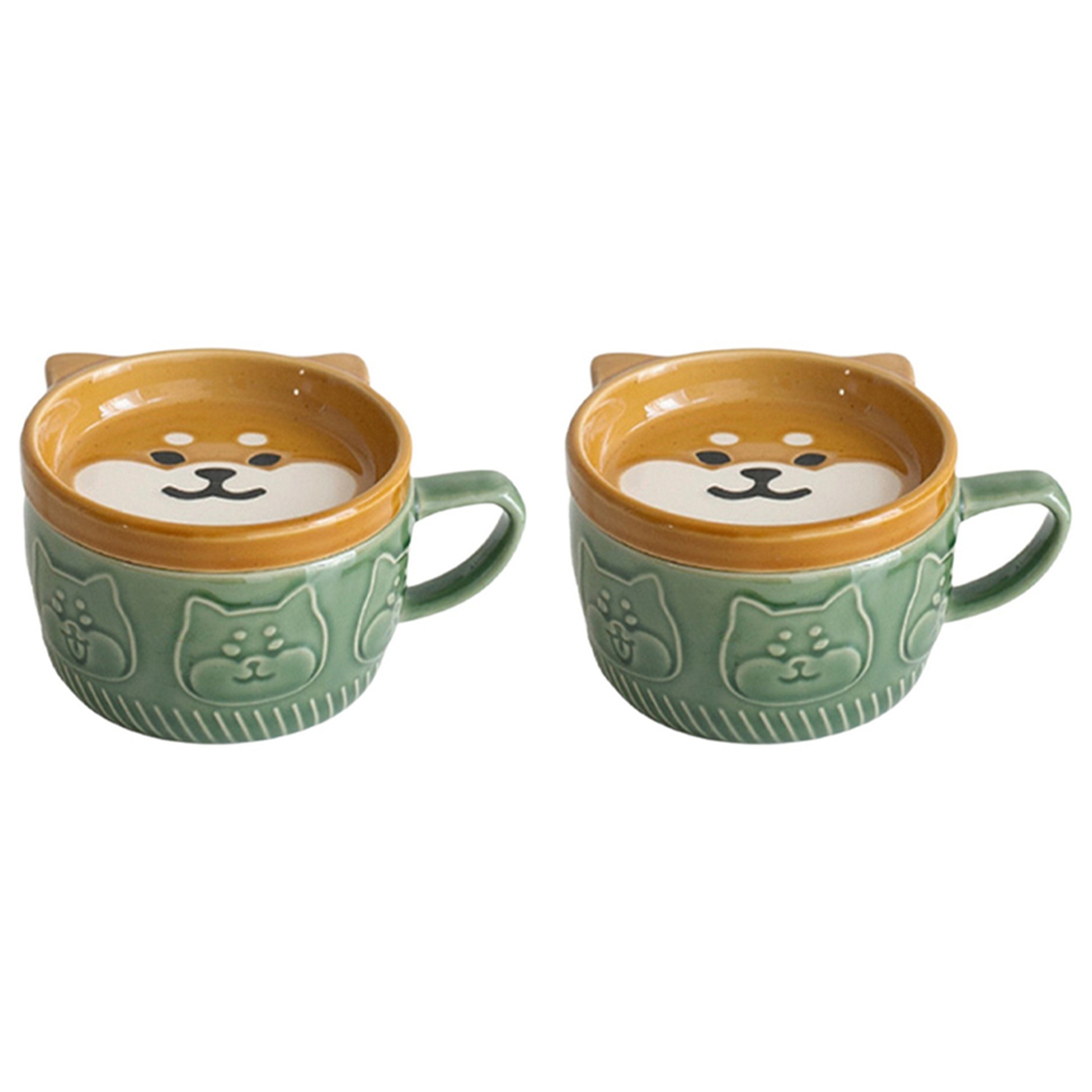 OUMERY 2X Japanese Cute Mug Ceramic Shiba Inu Panda Coffee Cup with Lid Home Couple Milk Breakfast Cup(Green)