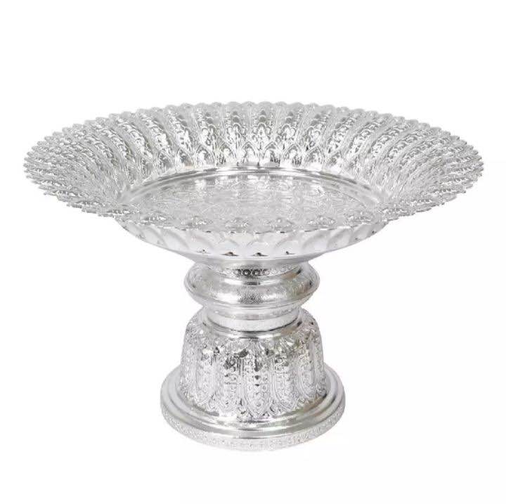 32Cm. Thai Sliver Coated Aluminium Traditional Style Tray With Pedestal For Worship L130 (Tika Thali)