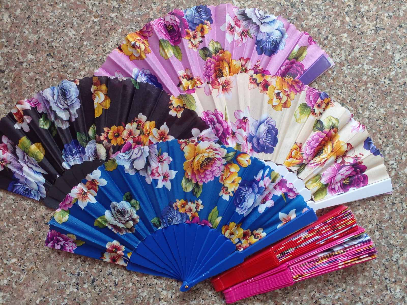 Chinese Hand Held Folding Fan Flower Pattern Side Lace-Multi color 1Pcs