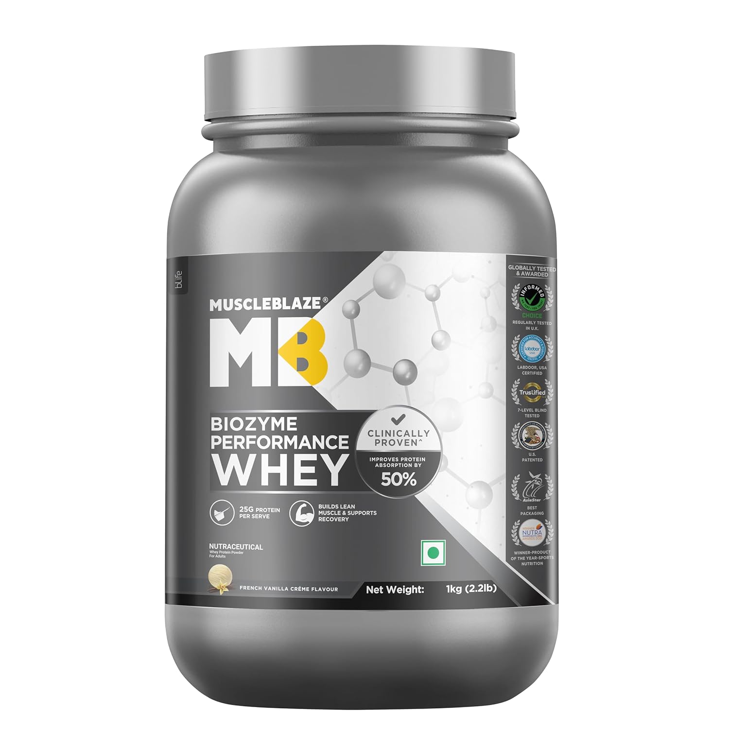 MuscleBlaze Biozyme Performance Whey Protein 1kg Vanilla Flavor Labdoor USA Certified with 25g Protein 11.75g EAA 5.5g BCAA 4.4g Glutamine