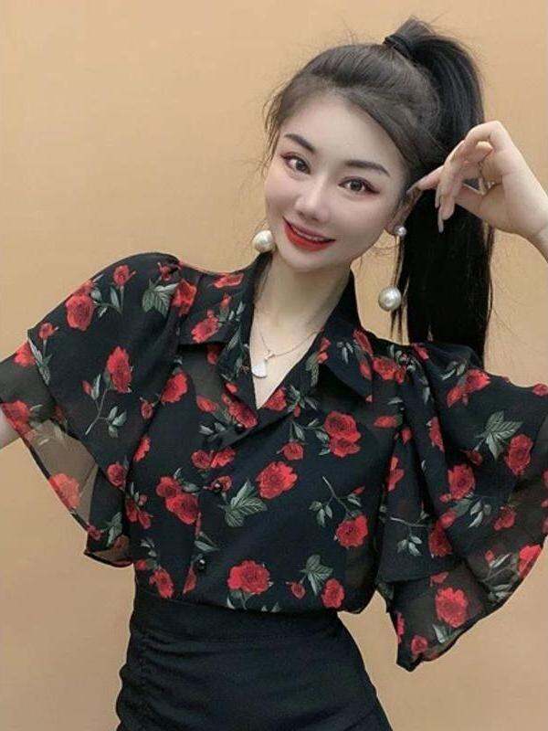 Summer 2025 New Style Women's Loose Fit Floral Print Chiffon Shirt Single Button Casual Fashionable Top Ladies' POLO Neckline