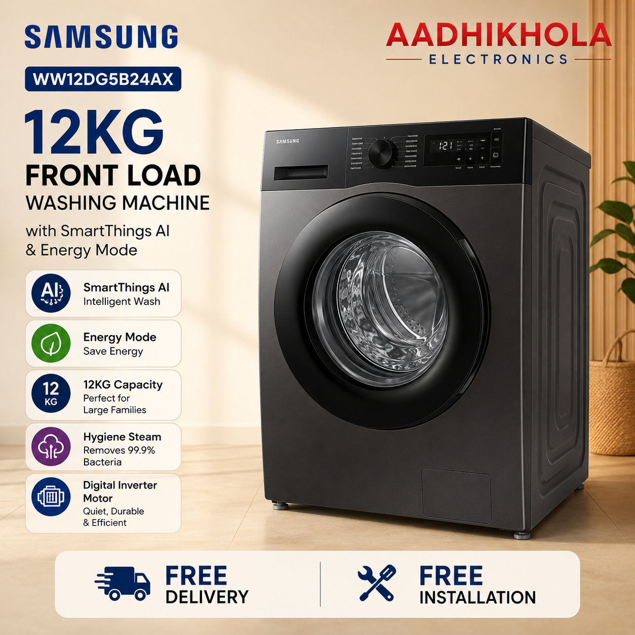 Samsung 12KG Fully Automatic Front Load Washing Machine WW12DG5B24AX | SmartThings Connectivity | Energy Saving Mode | Eco Bubble | Hygiene Steam | 10 Years Digital Inverter Warranty