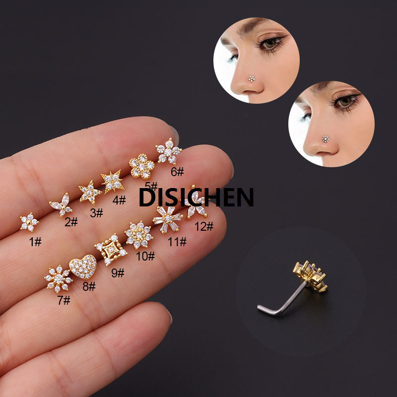 DISICHEN 1Pc 20G Stainless Steel CZ Bone Nose Stud Piercing Creative Flower Heart Star L Shape Nose Ring Stud Nose Body Piering Jewelry Original