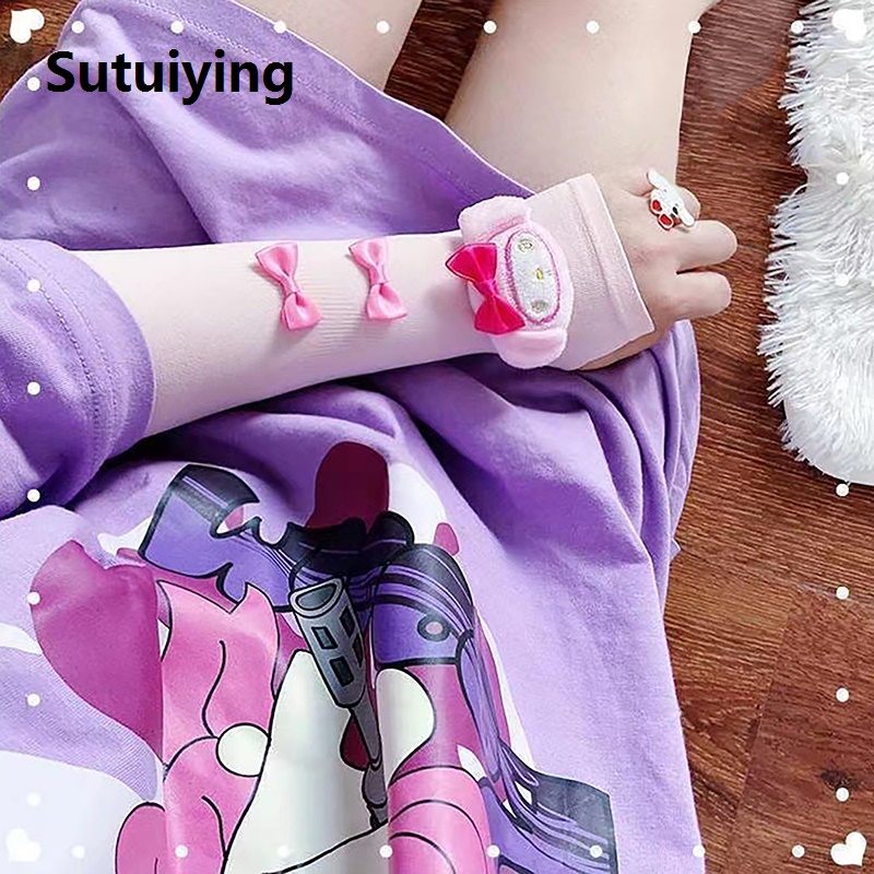Sutuiying 1Pair Sanrio Cute Mittens Lovely Fingerless Gloves For Women Girls Summer Sun Protection Sleeves Cosplay Halloween Party Mittens