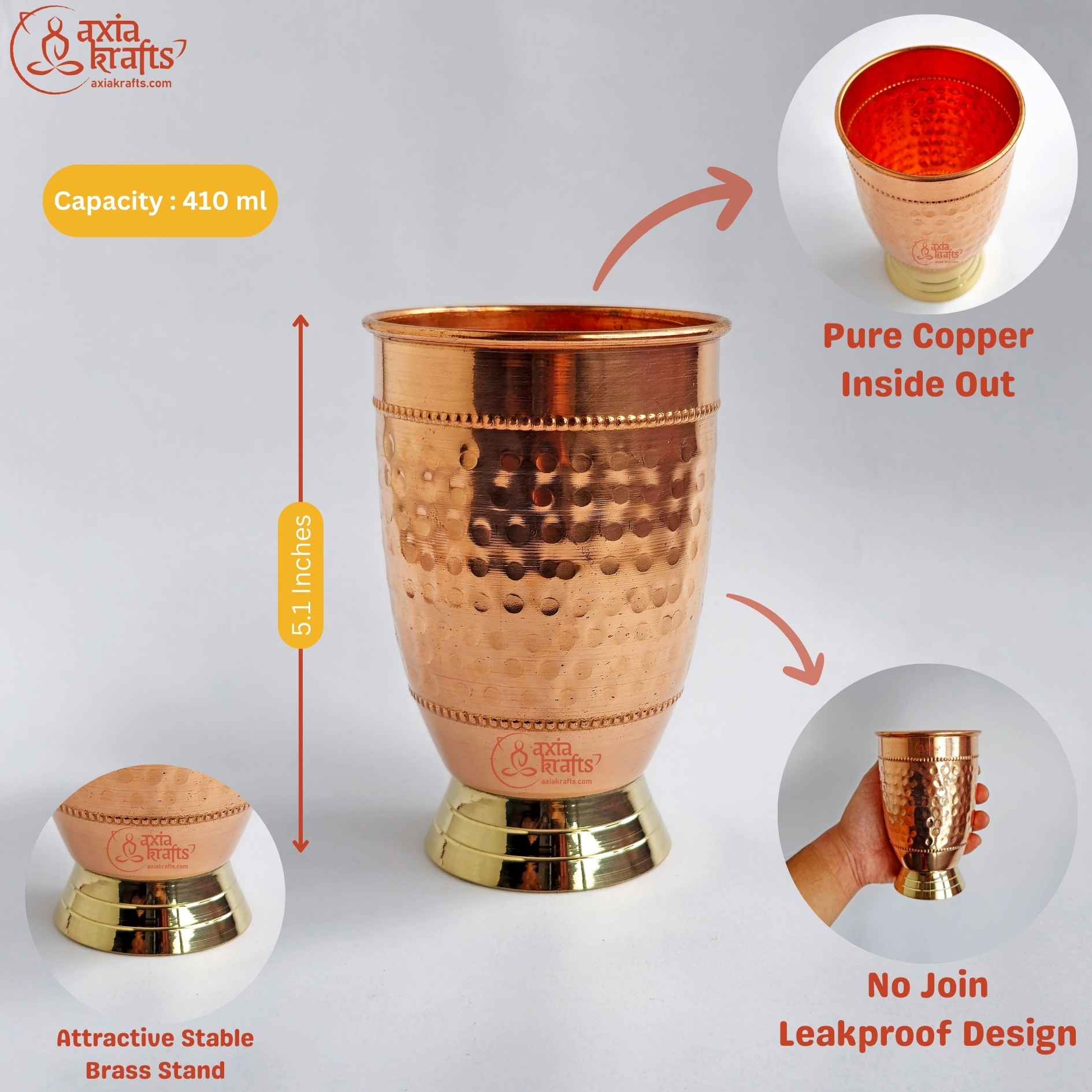 Axia Krafts Copper Beautiful Glass with Brass Stand 5.1 Inches 410 ML AxiaKrafts