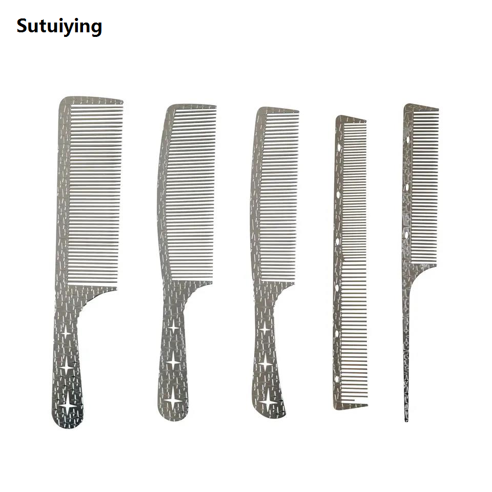 Sutuiying New Design High-end Salon Metal Barber Comb Stainless Steel Blending New Flat Top Clipper Comb Fine Teeth Styling Cutting Comb