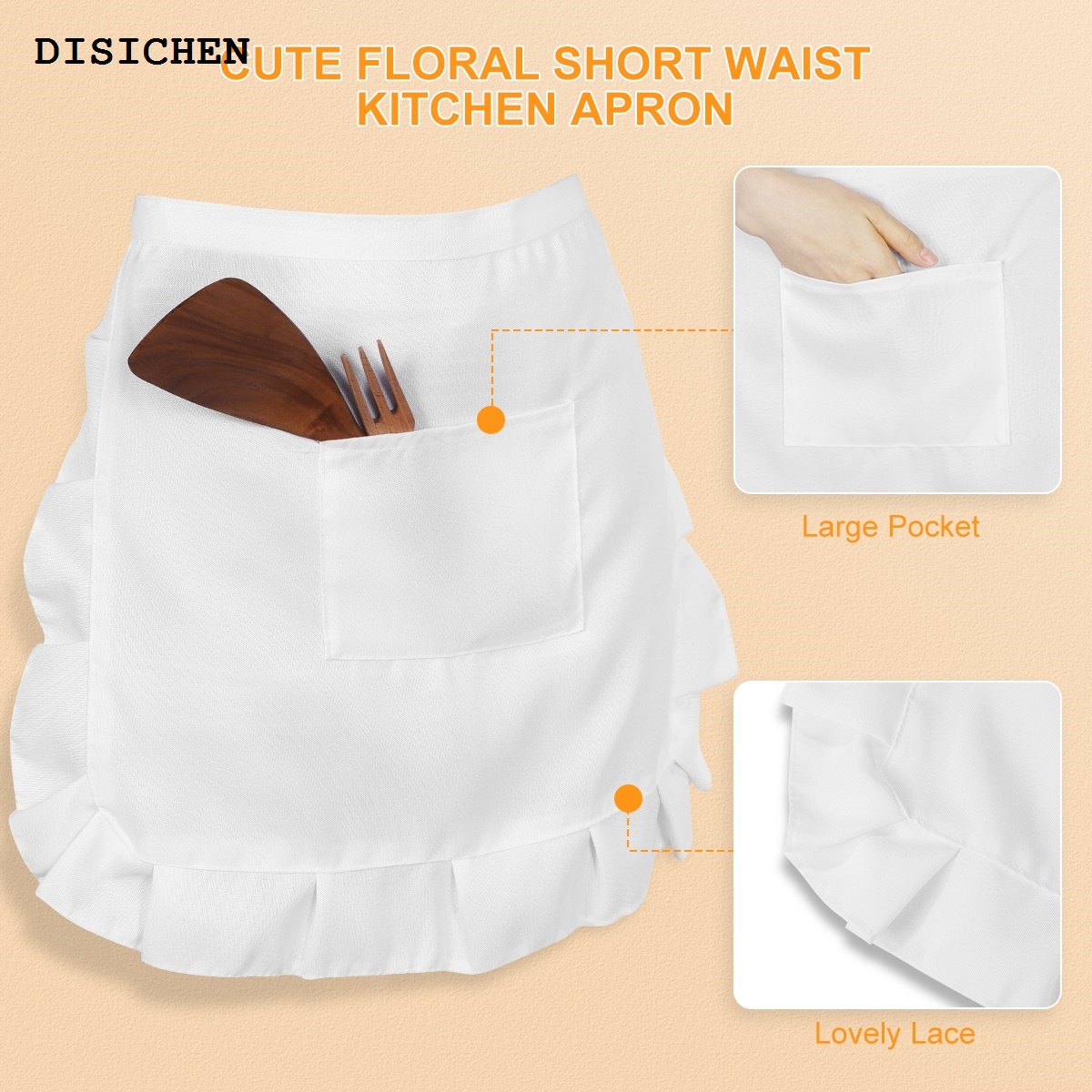 DISICHEN Sales promotion BESTONZON Floral Short Waist Kitchen Apron Lace Half Waist Bib Maid Costume with Pocket Kitchen Party for Women Waitress (White)