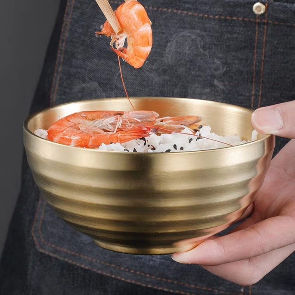Heat-insulating 304 Stainless Steel Double Layer Insulated Bowls Round Shape Kitchen Accessories Threaded Rice Bowls Threaded Design Home Tableware Soup Bowls Home Use