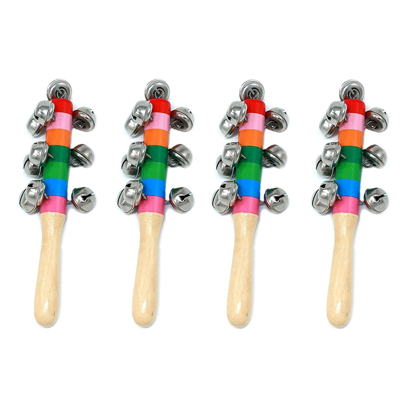 ARELENE 4 Pcs Hand Jingle Bells, Rainbow Handle Wooden Bells Jingle Stick Shaker Rattle Baby Kids Children Musical