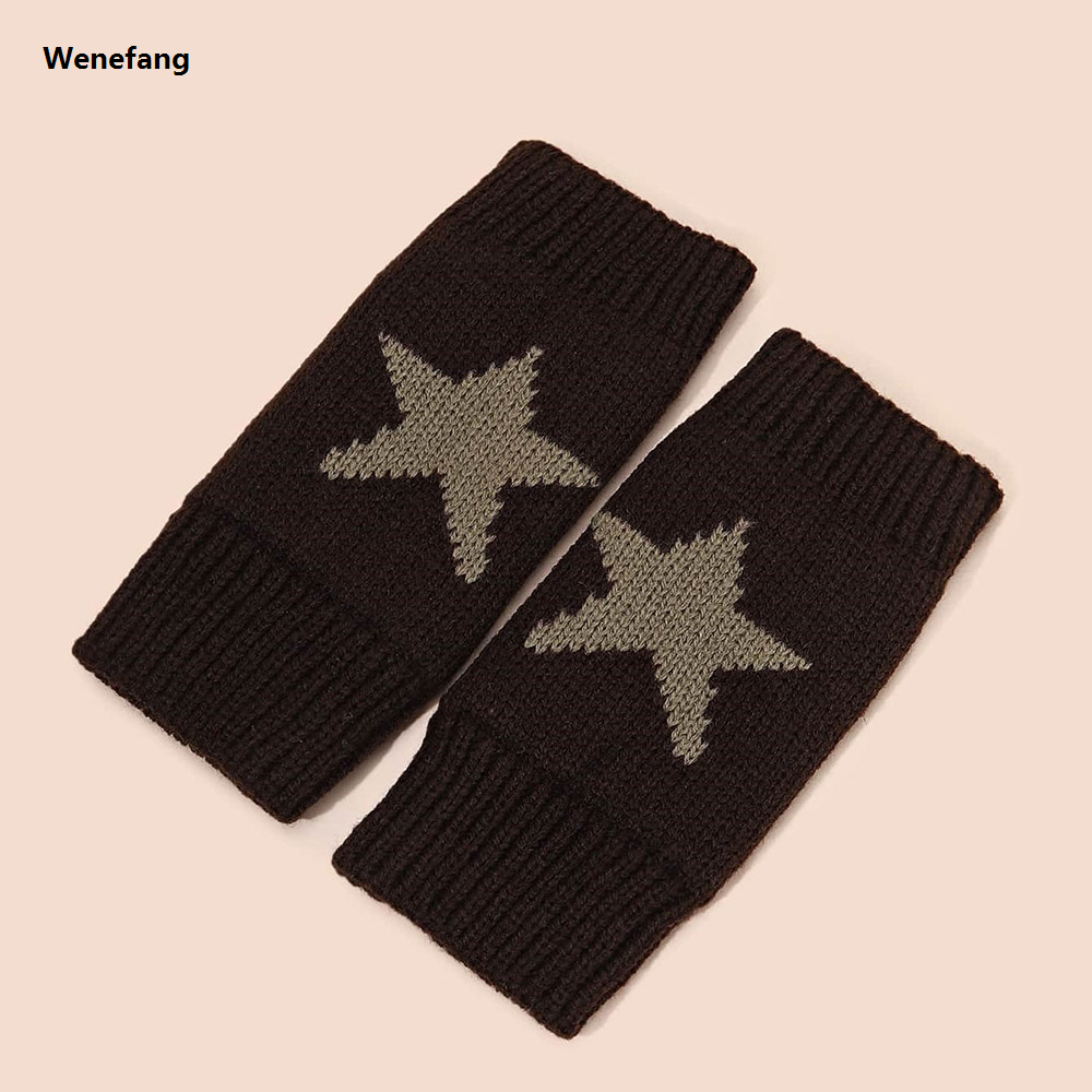 Wenefang 2024 Punk Y2K Star Knitted Woolen Gloves for Men Women Pentagram Half Finger Warm Soft Mitten Soft Star Hand Fingerless Gloves