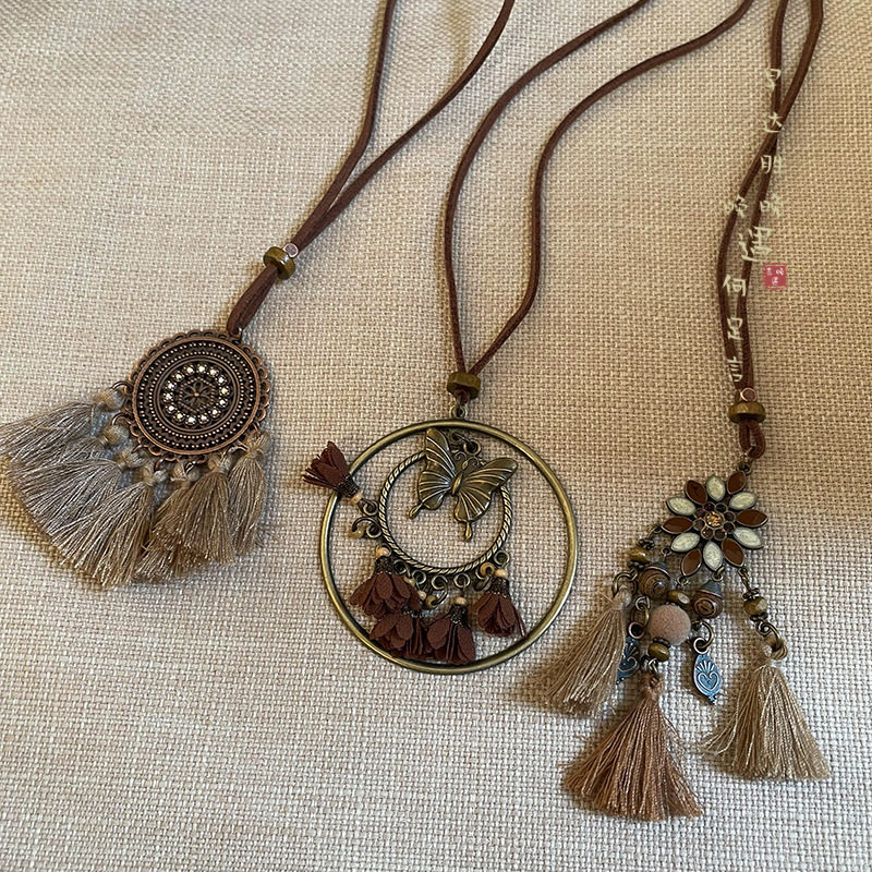 【New Arrivals】Bohemian Fake Style brown Tassel Necklace Women's Alien Ethnic Style New Chinese Style Retro Woolen Chain Accessories