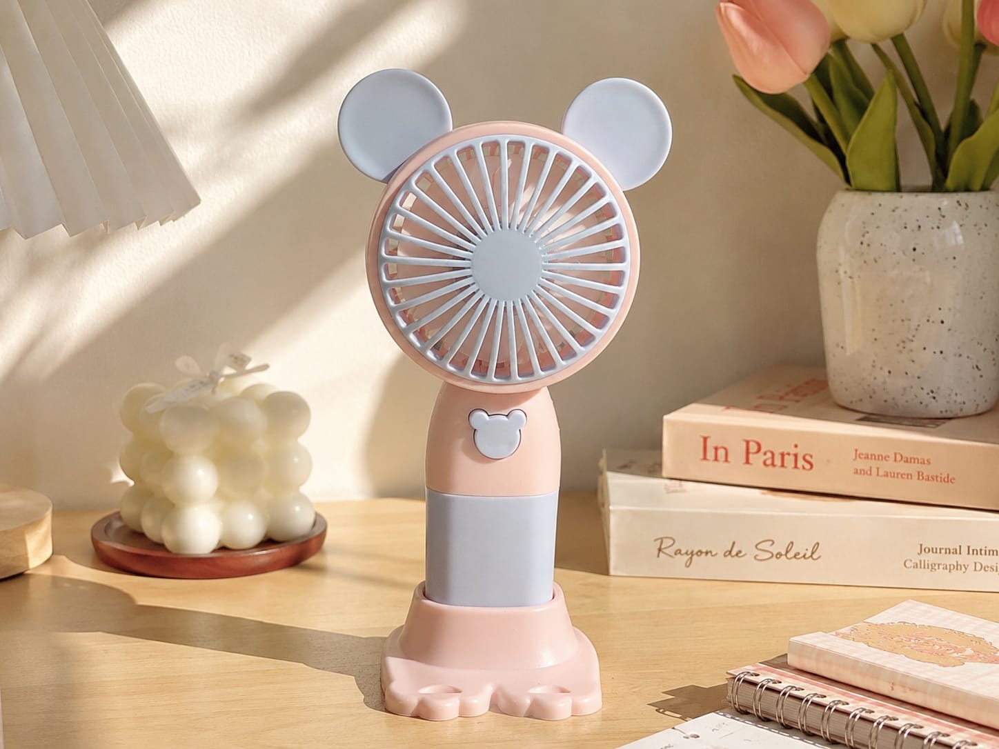 Cute Bear Ear Mini Handheld Fan USB Rechargeable Portable Desktop Fan 3 Speed Personal Cooling Fan Foldable Table Fan for Home Office Travel