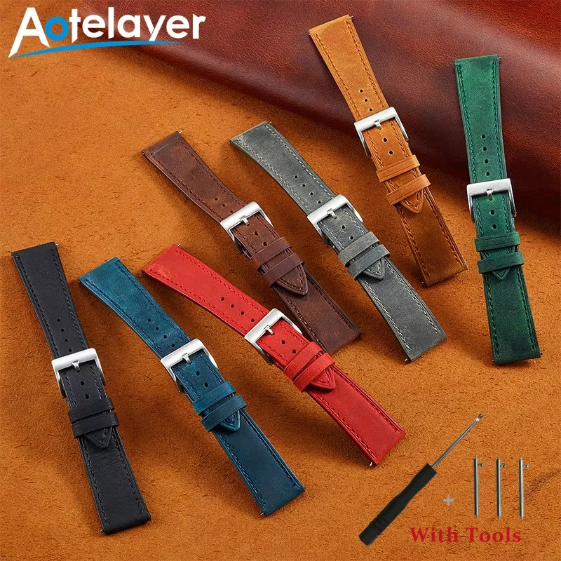 18 19 20 21 22 24mm Quick Release Crazy Horse Leather Watch Strap Stainless Steel Pin Buckle Soft Universal Watch Band