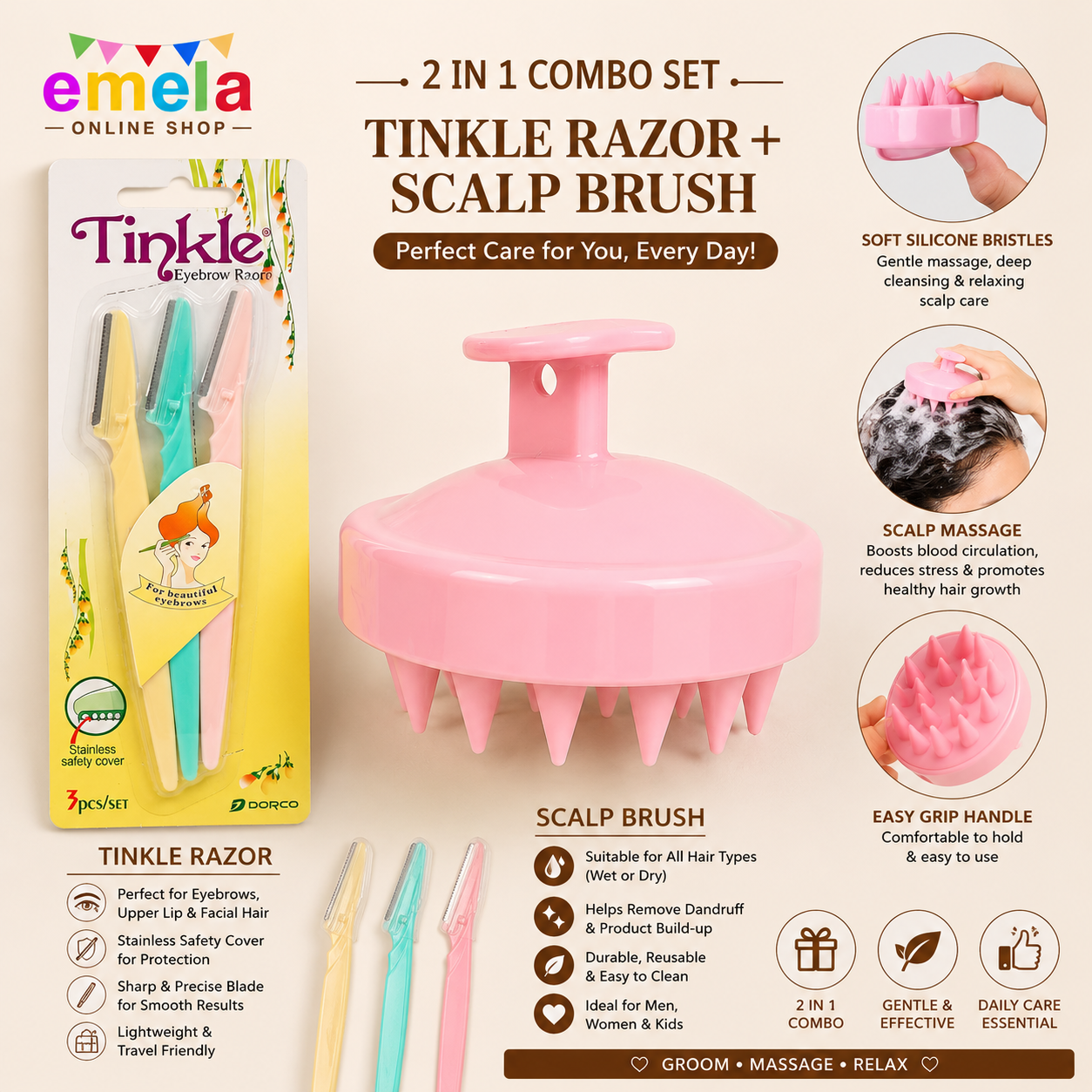Head Scalp Shampoo Massage Brush with Soft Silicone Bristles