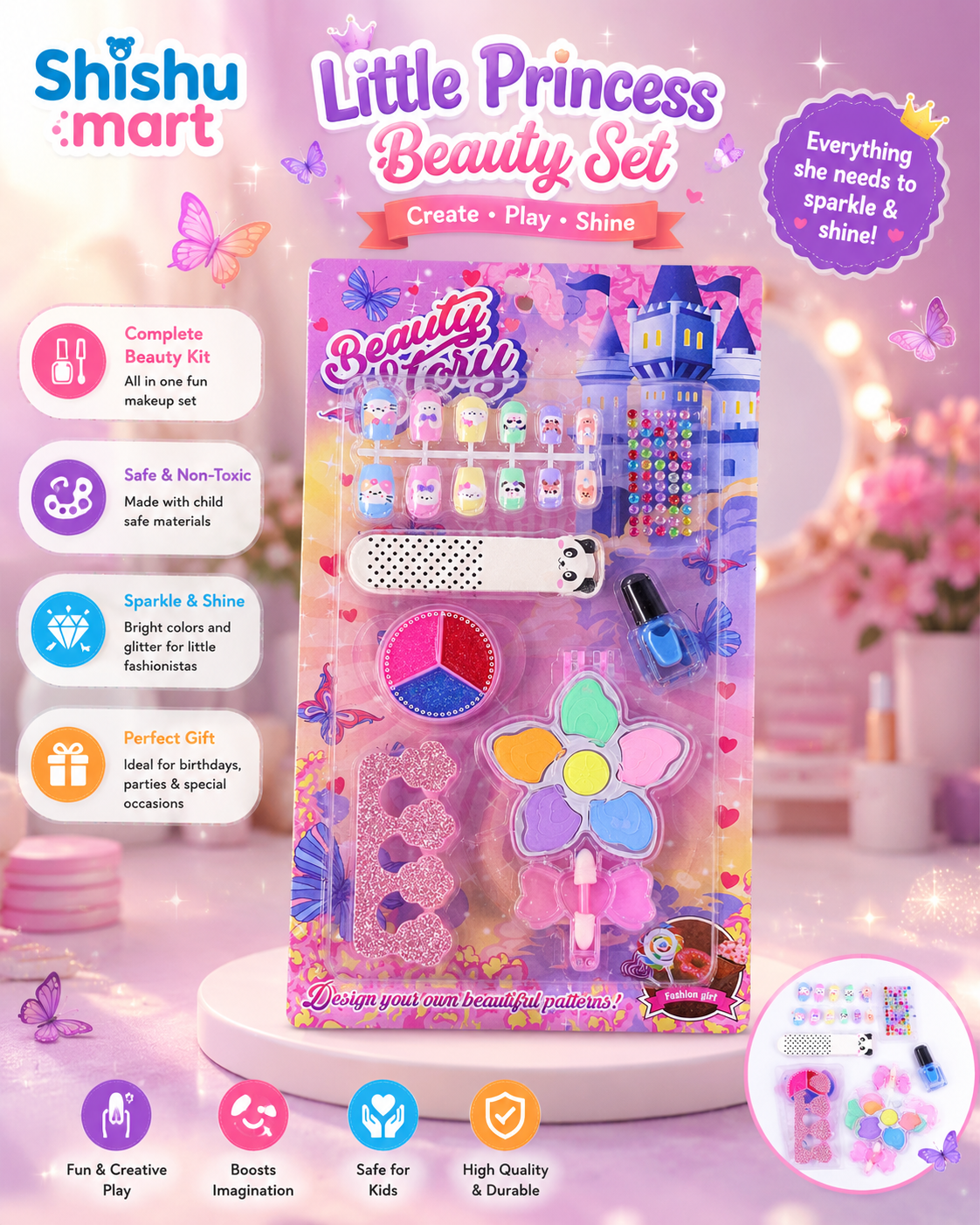 Kids Beauty Makeup Set for Girls | Pretend Play Cosmetic Kit with Nail Art, Nail Polish, Toe Separator, Eyeshadow & Accessories
