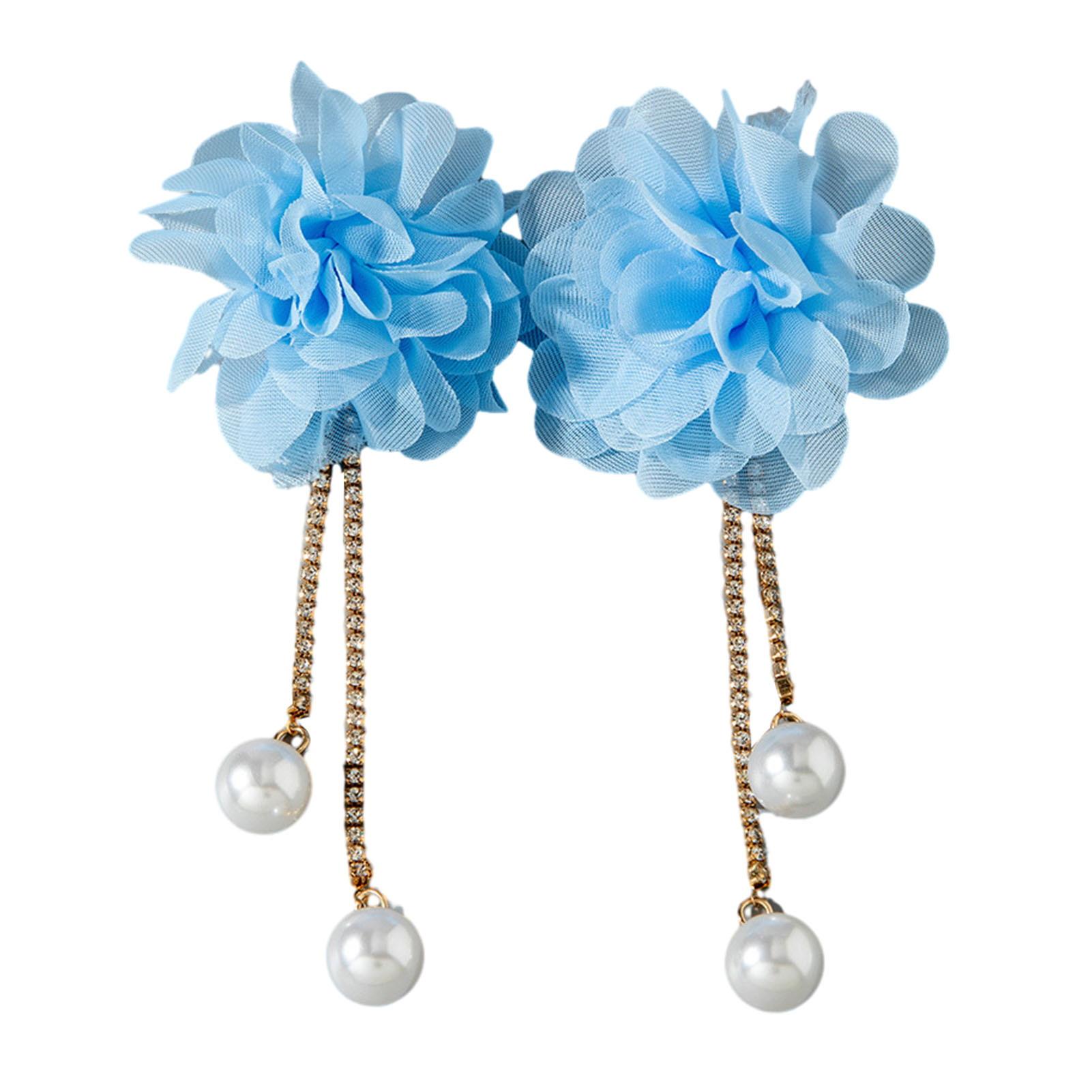 CARAT Faux Pearl Dangle Drop Earrings Boho Large Fabric Flower Earrings with Faux Pearls Long Rhinestone Tassel Dangle Earrings for Holiday
