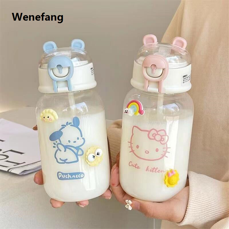 Wenefang 600ML Kawaii Sanrio Hello Kitty Transparent Straw Cup Anime Cartoon Bargain price Pochacco Kuromi Cinnamoroll For Kid Bottle Water Cup Gifts