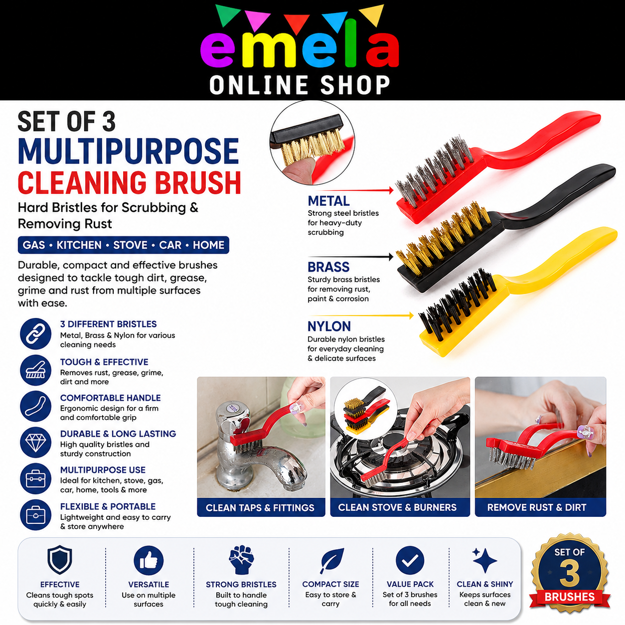 Set of 3 Multipurpose Cleaning Brushes - Hard Bristles for Gas Stove, Wall Frames, Car & Kitchen Scrubbing Tool