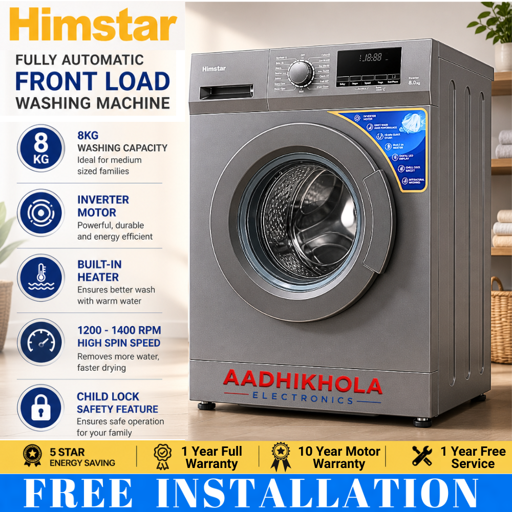 Himstar 8KG Front Load Fully Automatic Washing Machine HW-80FS8BTKGZ | Inverter Motor | Free Installation & Demo | 1400 RPM | Built-in Heater | LED Display | Child Lock | Multiple Wash Programs | Titanium Grey | 1 Year Warranty + 10 Years Motor