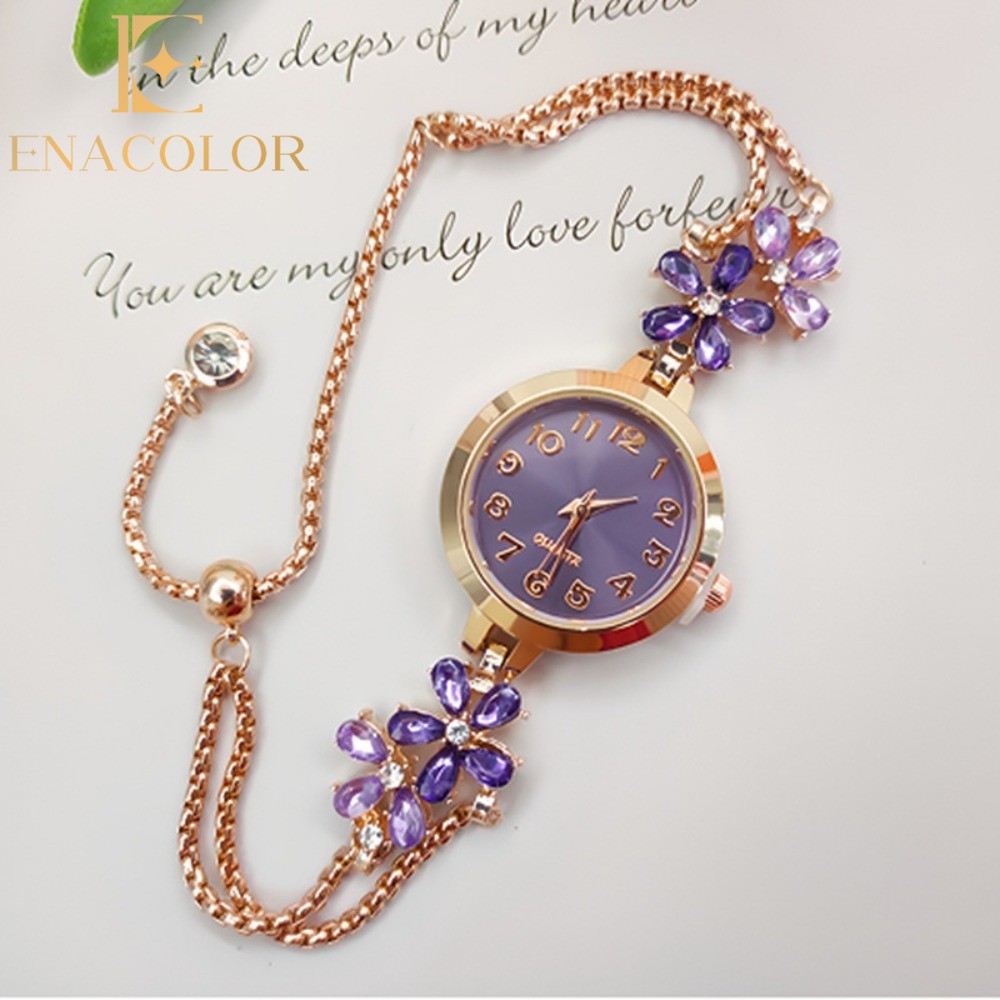 Enacolor Exquisite Crystal Flower Bracelet Bangle Quartz Watch for Women Fashion Pull-out Chain Adjust New 2026