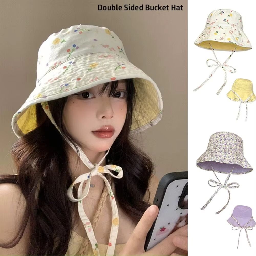 Fashion Floral Print Panama Bucket Hats Reversible Double Sided Women Fisherman Hat Large Brim Cute Sweet Summer Sun Hats Outdoor Travel