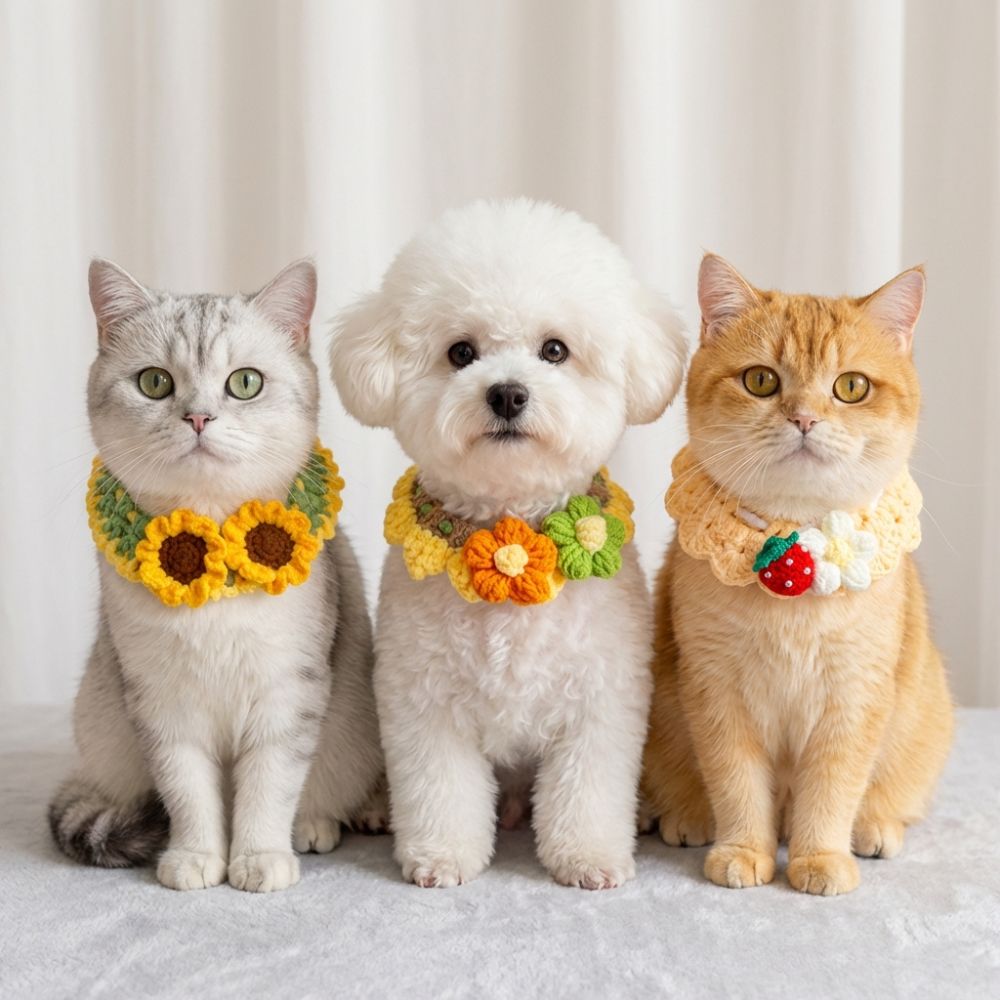 Cute Hand-Weaven Elastic Pet Scarf Sweet Style Lightweight Cat Dog Bow Tie Plant Theme Adjustable Knitted Pet Collar Pet Gifts
