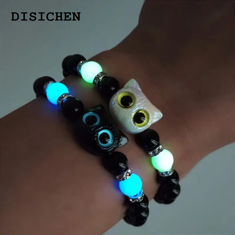 DISICHEN Portable Cute Big Eye Cat Luminous Bracelets For Women Cartoon Animal Pendant Beaded Hand Chain Friendship Couple Bracelet Jewelry Gift
