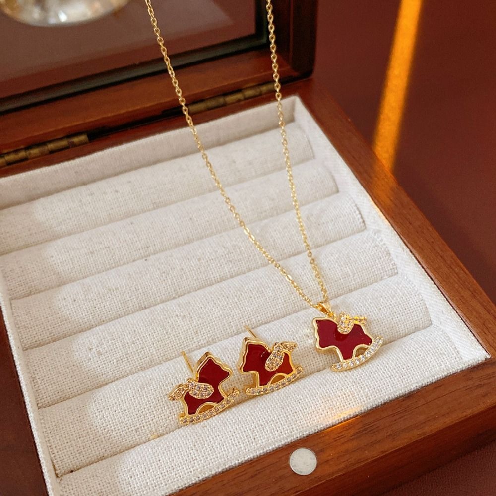 Personality Fashion Jewelry New Year Horse Earrings Collarbone Chain Chinese Style Pony Earrings Cartoon Red Drop Earrings For Girl