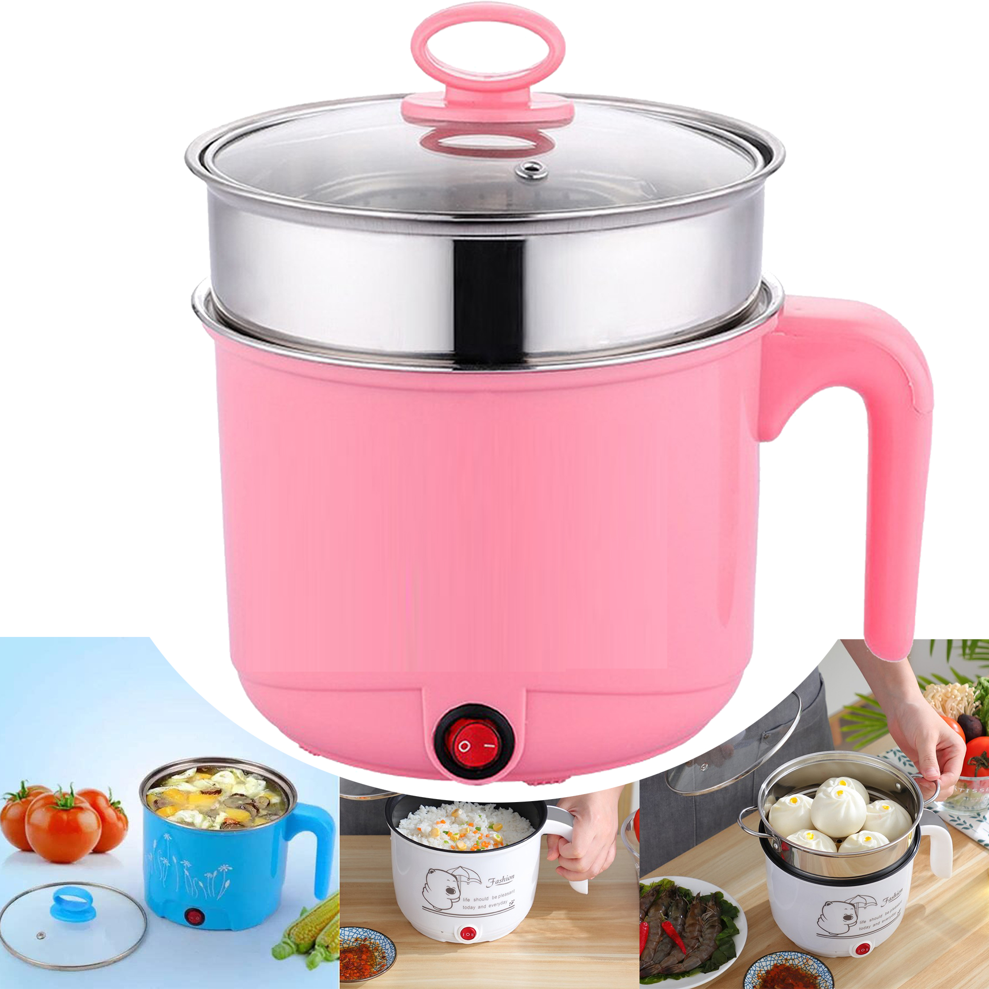 Electric Cooking Pot and Steamer 2L Multi Cooker with Concealed Base | Mini Noodle Maker Egg Boiler Vegetable Rice Cooker | Non Stick Multifunction Hot Pot with Glass Lid