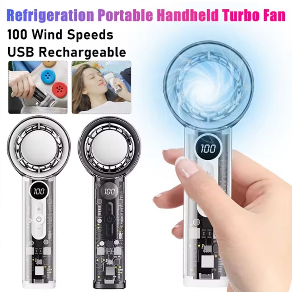 Powerful Turbo Fan Semiconductor Refrigeration High-speed Electric Fan 100 Wind Speeds LED Digital Display Portable Handheld Fan Low Noise Transparent Mecha Style Outdoor Small Fan For Travel Camping