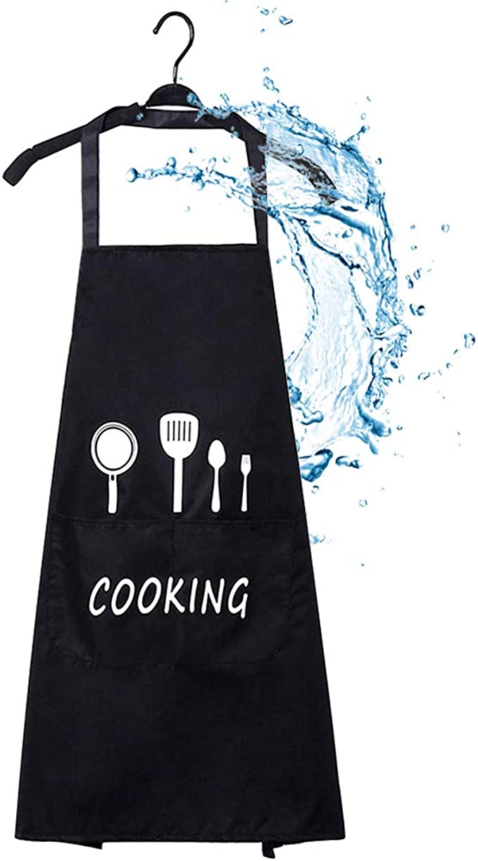 Cute Printed Black Waterproof Adjustable Kitchen Apron With Big Pockets