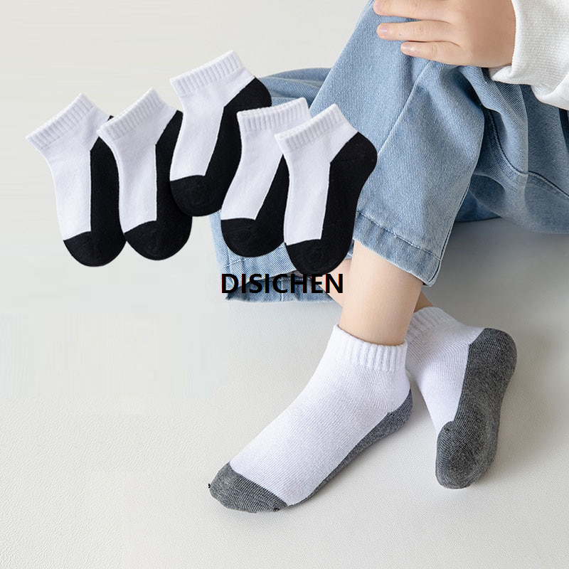 DISICHEN 5 Pairs/Lot 2023 New Children Socks Cotton Kids Fashion Black White Gray For 1-12 Years Teen Student Baby Girl Boy SocksBasketball