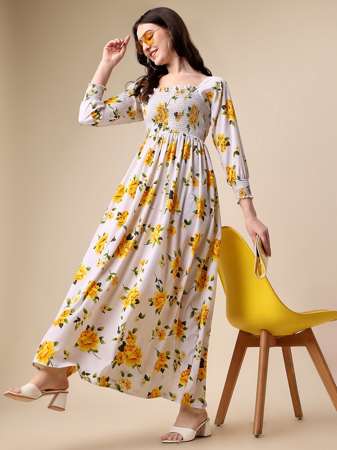 Fabdale Floral Printed Crepe Fit & Flare Maxi Dress | Elegant Casual Wear (SHTL-007)