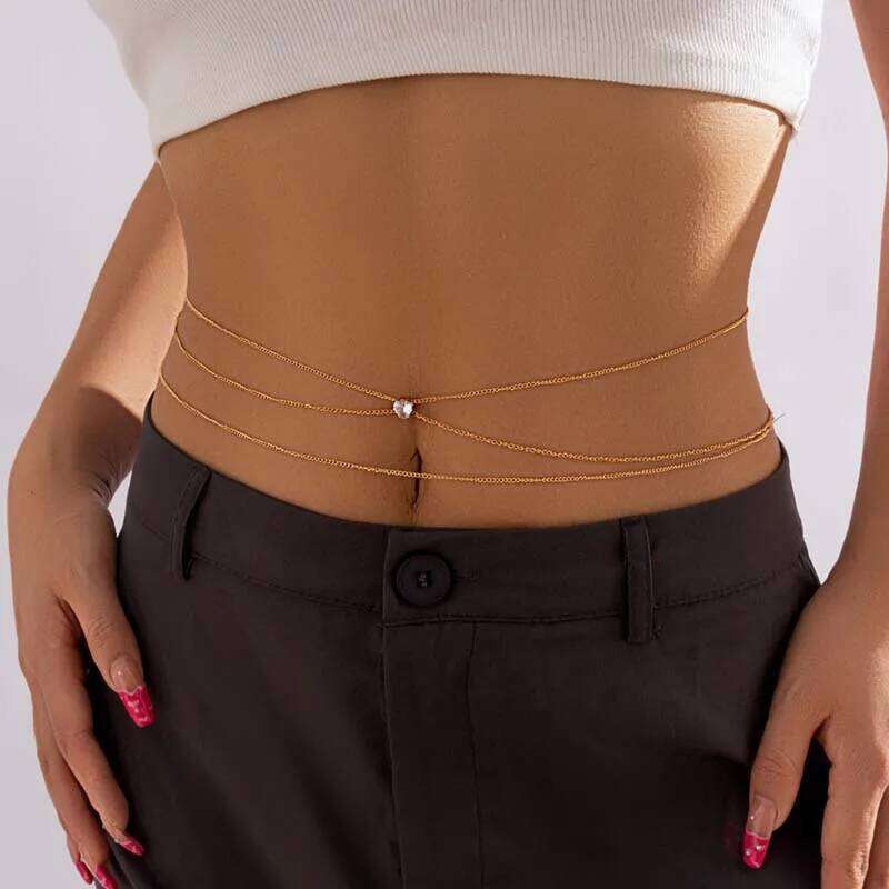 Metal Double Layered Cross Waist for Women Simple Rhinestone Heart Thin Body Chain Party Jewelry Accessories