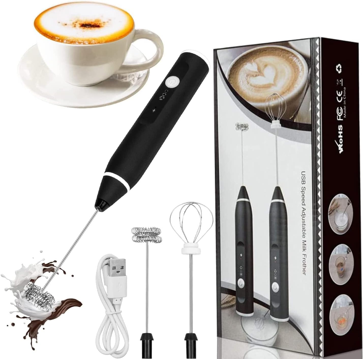 Milk Coffee Frother Electric Whisk, Handheld Milk Frothers USB Rechargeable, 3-Speed Force Adjustment Milk Bubbler 2 In 1 Milk Bubbler