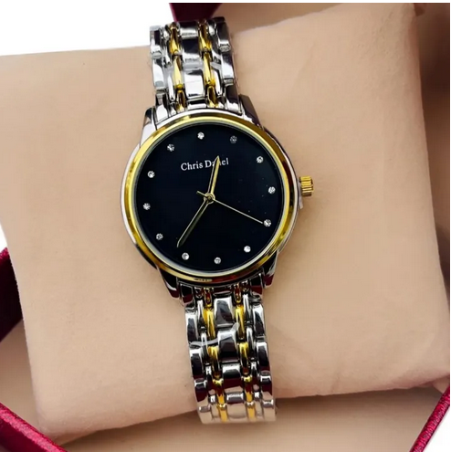 New Stainless Steel Quartz Waterproof Black Dial Watch For Women