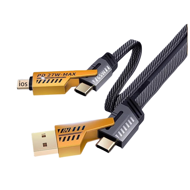 4 in 1 Super Fast Charger Mech 2 Tow 2 65W Data Cable for Typec Charging Cable PD Flash Phone Charging Nylon Braided Cable | Flat Braided Charging Cable