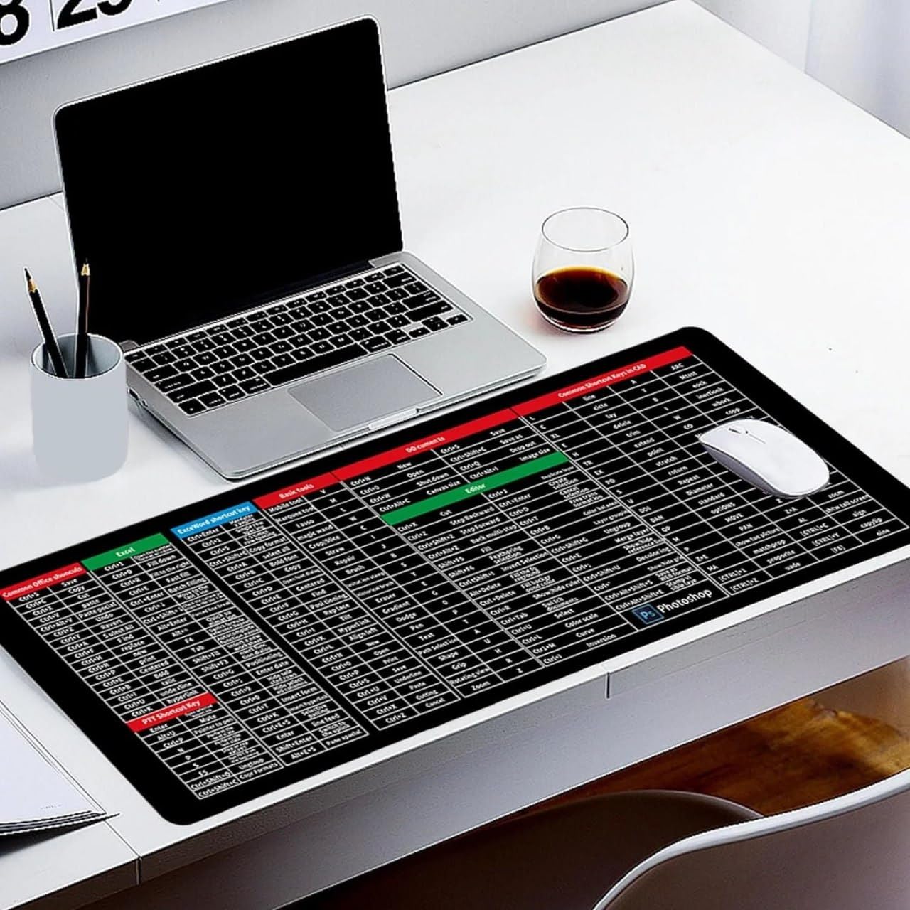 Keyboard Shortcuts Mouse Mat, Quick Key Super Large Keyboard Pad, Keyboard Pad with Office Software Shortcuts Pattern, Computer Mat for Desk Pc, Laptop, Office (80x30x0.2 cm, English Shortcut)