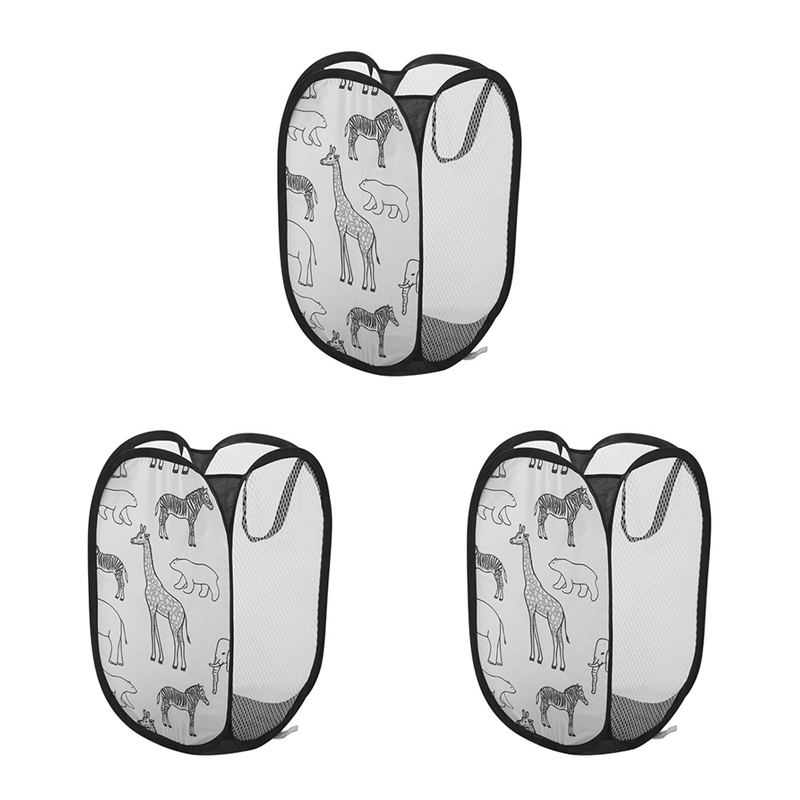 ARELENE 3pcs Cartoon Foldable Laundry Basket Mesh Toy Storage Bin for Kids 30x30x48cm Black