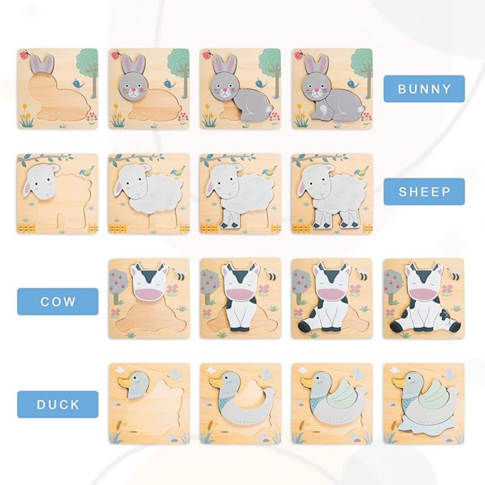 Bizzy 3D Wooden Cartoon Animals Cognitive Puzzles For Kids Children's Wooden Puzzles Toys Colors Shapes Baby Educational Toys Game