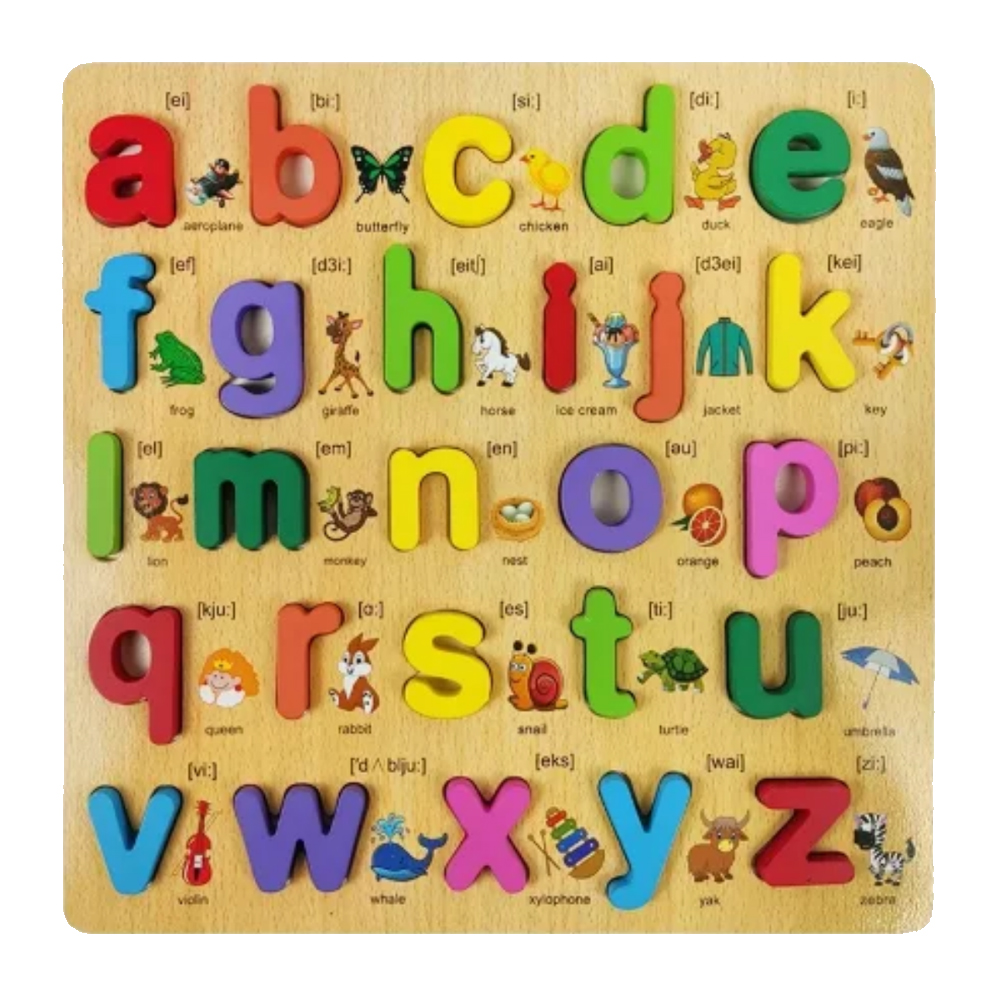 3D Wooden abcd Alphabet Puzzle for Kids - Educational Small Letters Learning Board with Pictures, Colorful & Interactive, Safe for Baby & Toddlers, Ideal Gift for Preschoolers