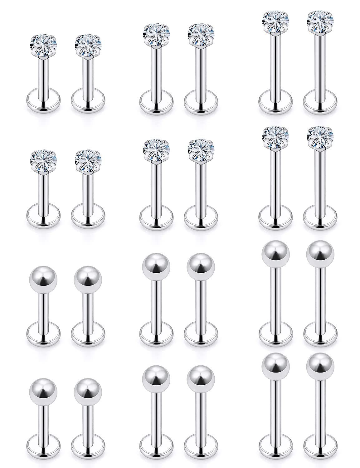 【Special offer】24-piece set of lip studs stainless steel piercing jewelry black diamond ball lip decoration 16G 6mm 8mm 10mm