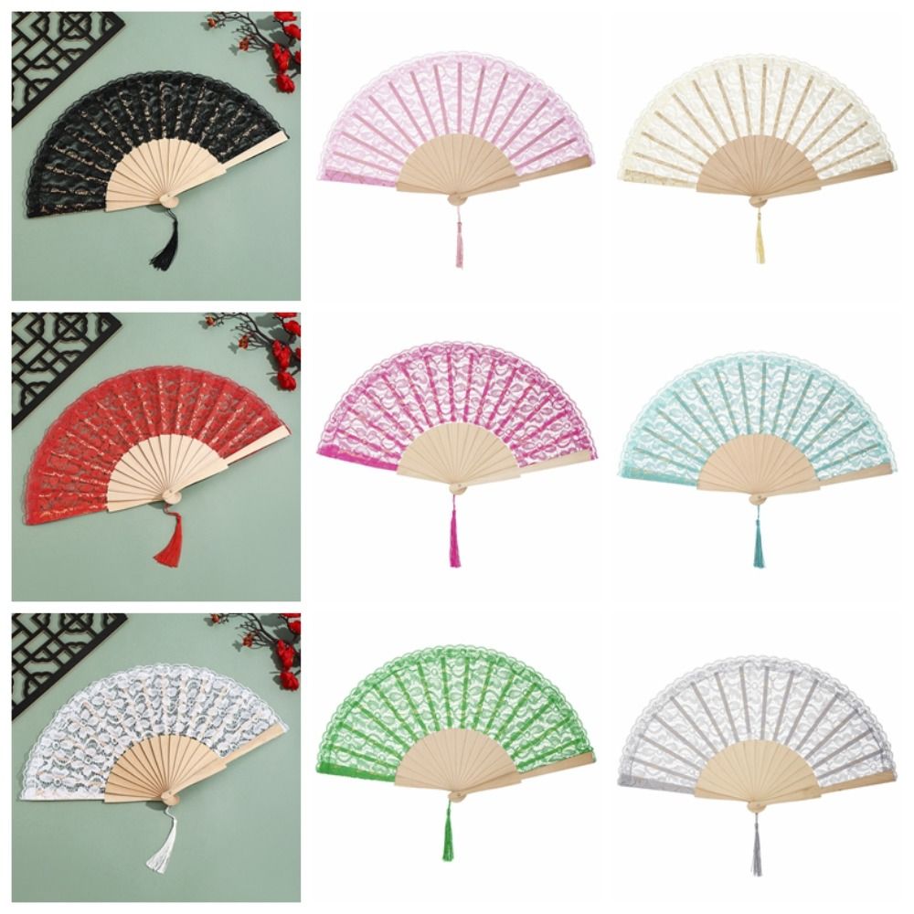 Elegant Lace Pattern Chinese Fan Vintage Style Tassel Pendent Folding Fan Flower Design Hand Fan Wedding