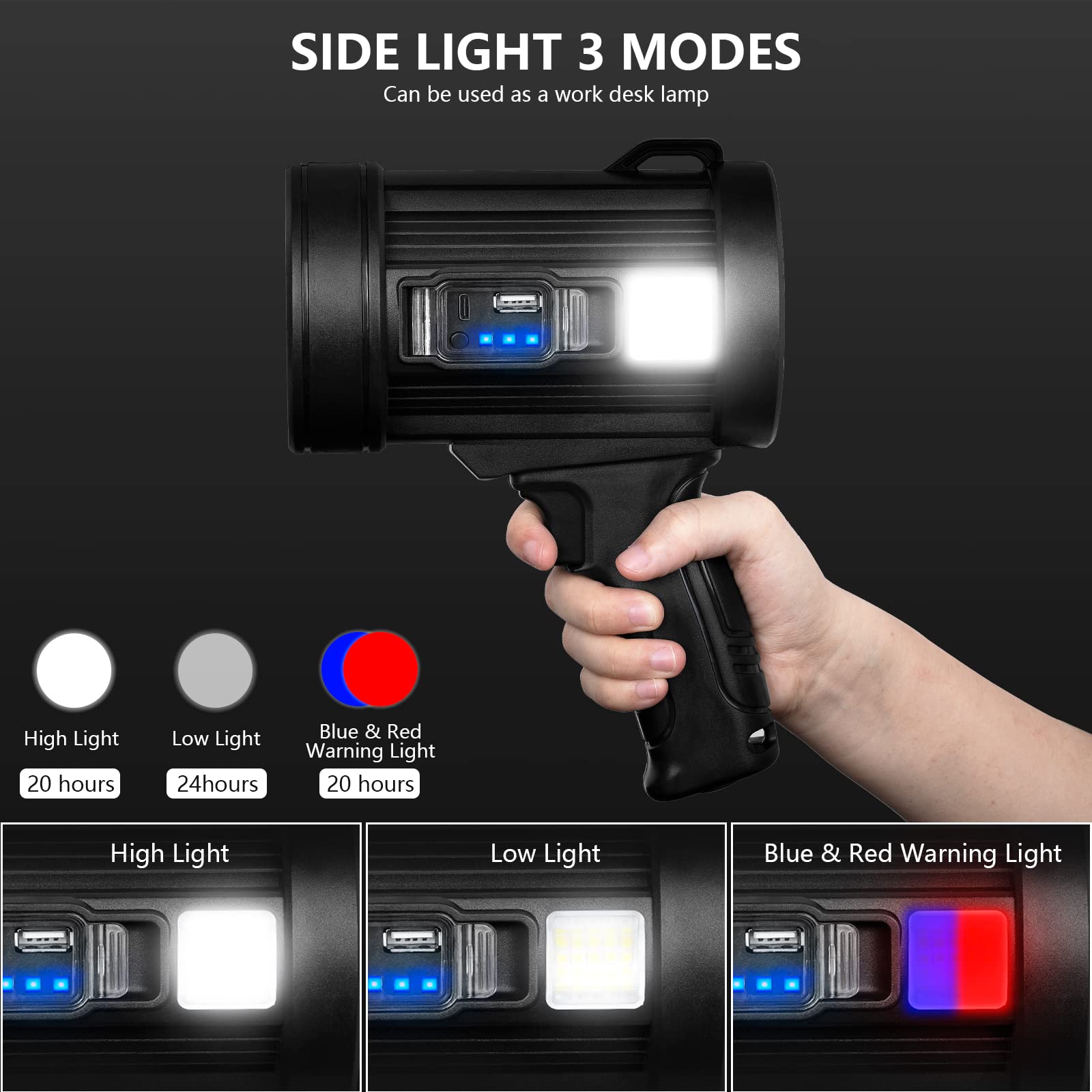 High Quality Rechargeable Spotlight, 1000,000 Lumens Handheld Hunting Flashlight Led Spot light with Cob Light and Solar Panels for Camping