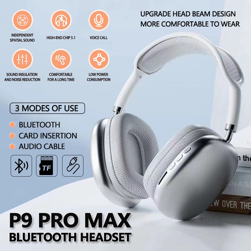 P9 Pro Max Wireless Stereo Bluetooth Headphones, Active Noise Cancellation, IPX4 Waterproof Over Ear - Stereo Sound, TF Support, Sports, Travel